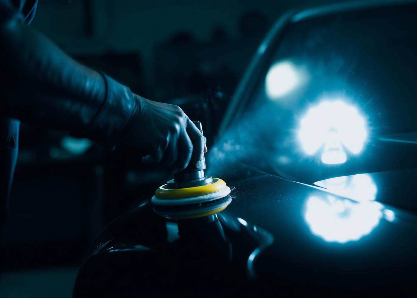 Detailer running a polisher across a dark car panel under work lights