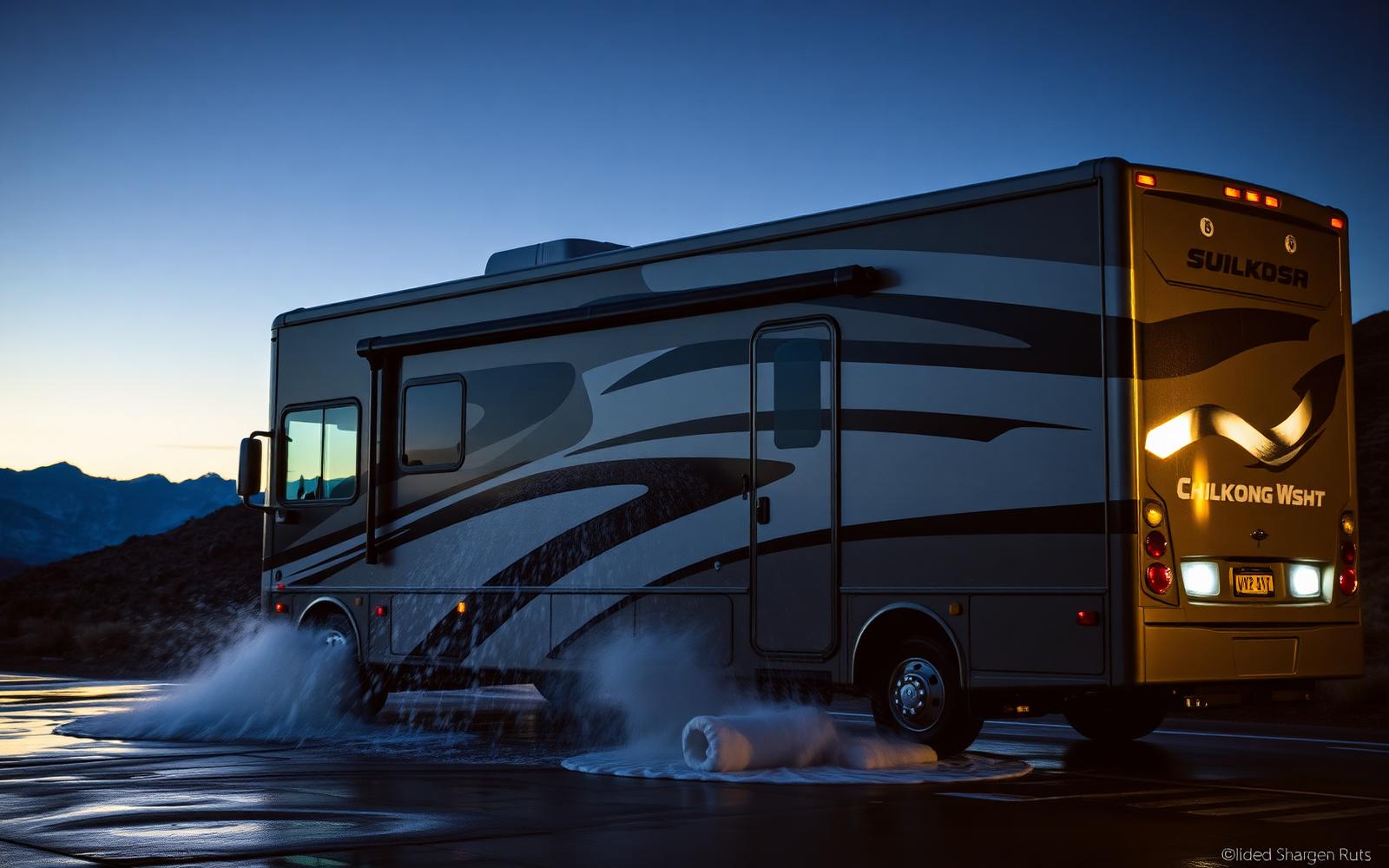 RV motorhome exterior being washed at dusk